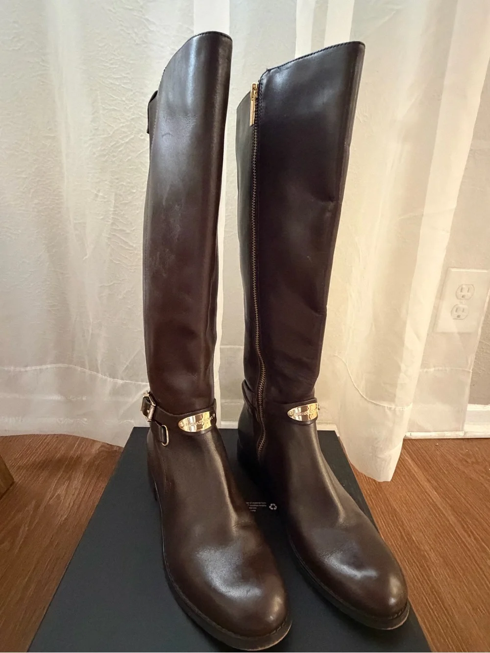 Michael Kors Dark Brown Knee-High Leather Boots with Gold Hardware